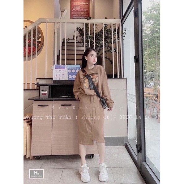 💥HOT💥Set Bộ Nữ Nỉ Hình In 5D Phối Áo Croptop Có Dây Rút Eo - Chân Váy Vạt Lệch Dáng Dài