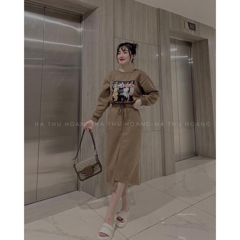 💥HOT💥Set Bộ Nữ Nỉ Hình In 5D Phối Áo Croptop Có Dây Rút Eo - Chân Váy Vạt Lệch Dáng Dài