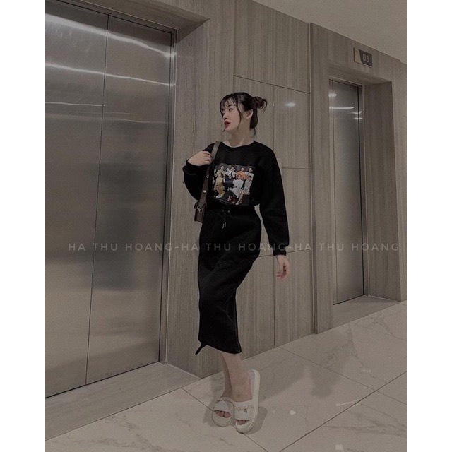 💥HOT💥Set Bộ Nữ Nỉ Hình In 5D Phối Áo Croptop Có Dây Rút Eo - Chân Váy Vạt Lệch Dáng Dài