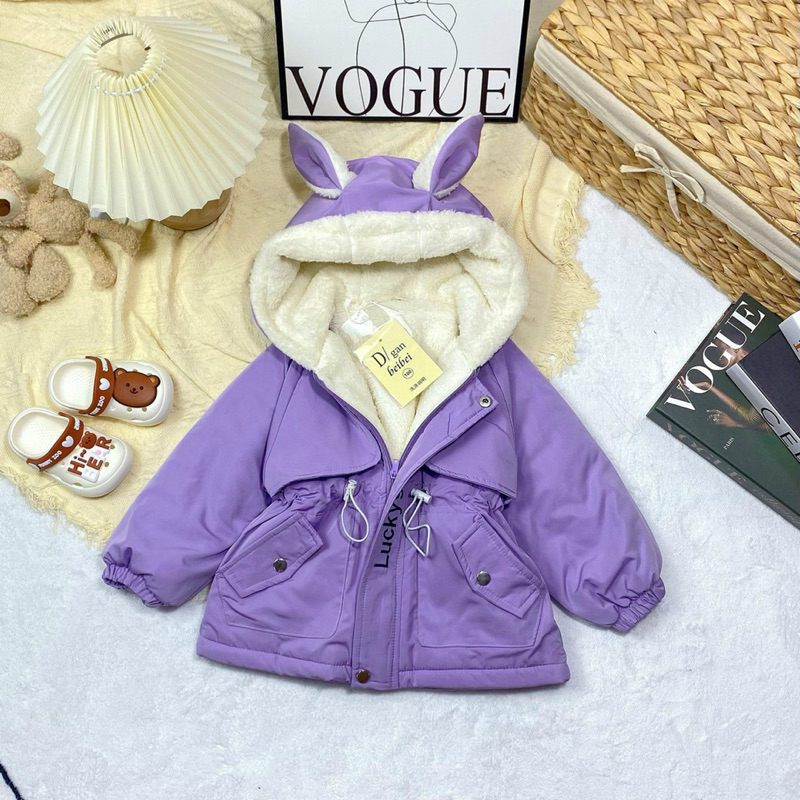 Áo Khoác Gió Lót Lông Parka Mẫu Tai Thỏ Cho Bé Gái Siêu Dễ Thương
