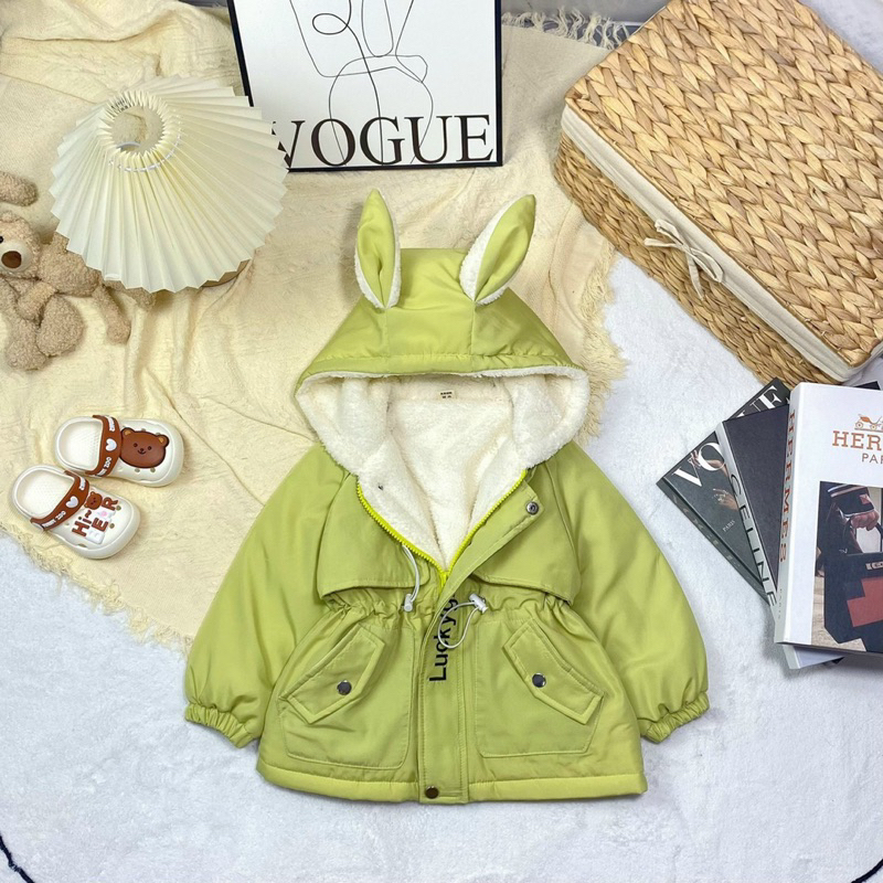 Áo Khoác Gió Lót Lông Parka Mẫu Tai Thỏ Cho Bé Gái Siêu Dễ Thương