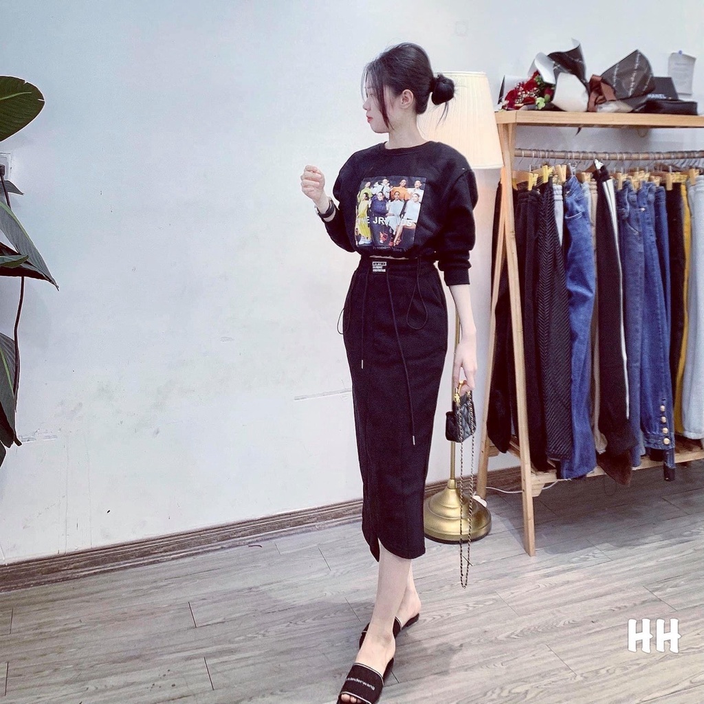 💥HOT💥Set Bộ Nữ Nỉ Hình In 5D Phối Áo Croptop Có Dây Rút Eo - Chân Váy Vạt Lệch Dáng Dài