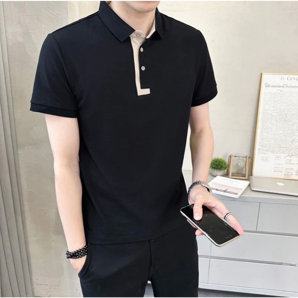 Áo thun polo nam phối cổ Basic, vải cotton cá sấu co giãn 4 chiều, phong cách thời trang nam