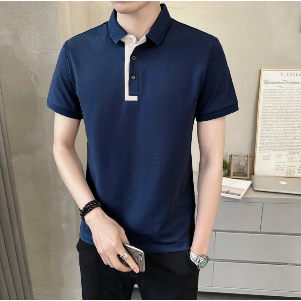 Áo thun polo nam phối cổ Basic, vải cotton cá sấu co giãn 4 chiều, phong cách thời trang nam