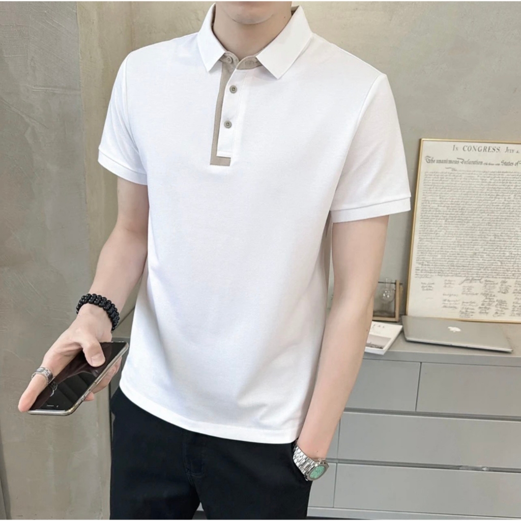 Áo thun polo nam phối cổ Basic, vải cotton cá sấu co giãn 4 chiều, phong cách thời trang nam