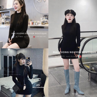 Váy zip body cổ 3p tay dài xỏ ngón tôn dáng