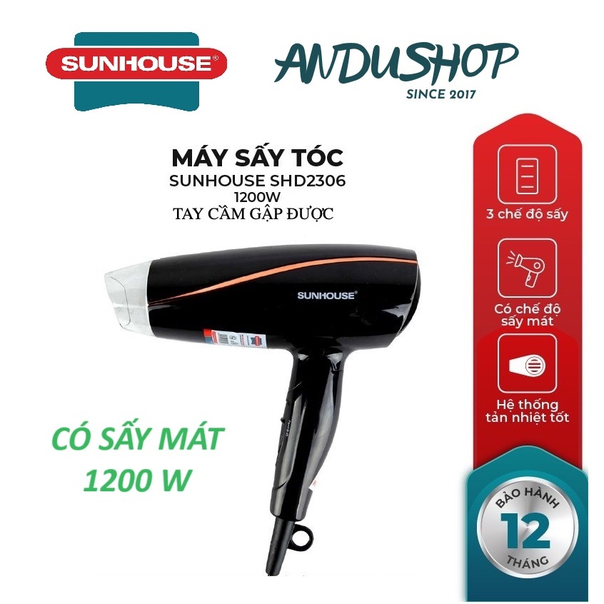 Máy sấy tóc Sunhouse SHD2306 đen , công suất 1200w , 3 chế độ , có gió mát .