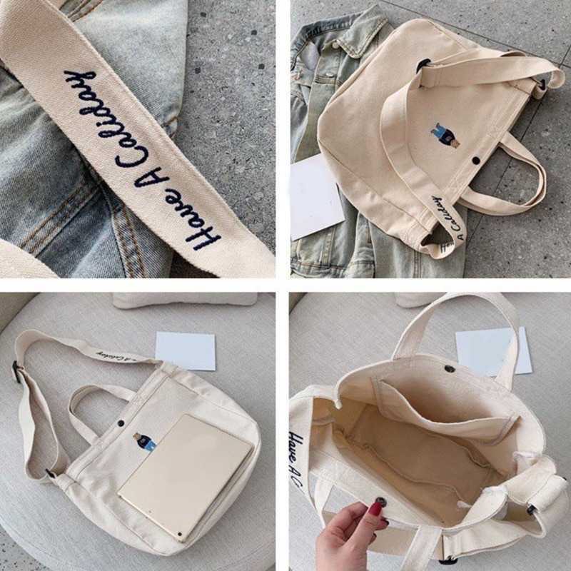 Túi đeo chéo vải canvas thêu hình gấu