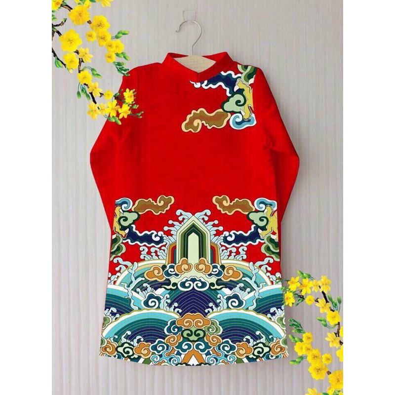 Áo dài in hoa văn cho bé trai