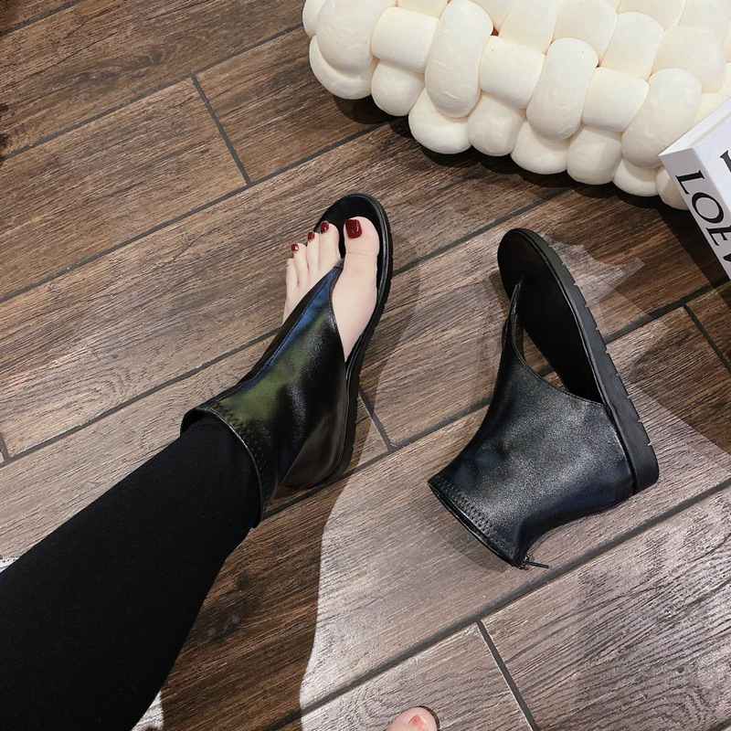 Sandal Xỏ Ngón Da Phong Cách Street Style 2023 - Sandal Hở Ngón Đế Xuồng Phối Khóa Kéo Phong Cách Thời Trang Mới