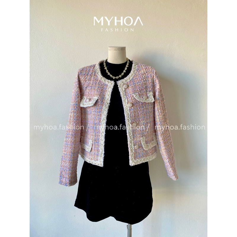 MYHOA| Áo Khoác Dạ Nữ Tweed Màu Hồng Pha Tím Viền Thừng Cao Cấp