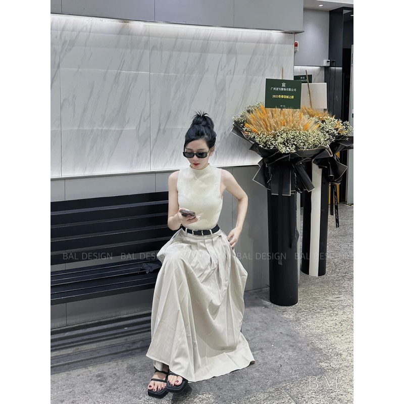 Set Áo Mix Chân Váy Dài Xoè Dập Ly Kèm Đai