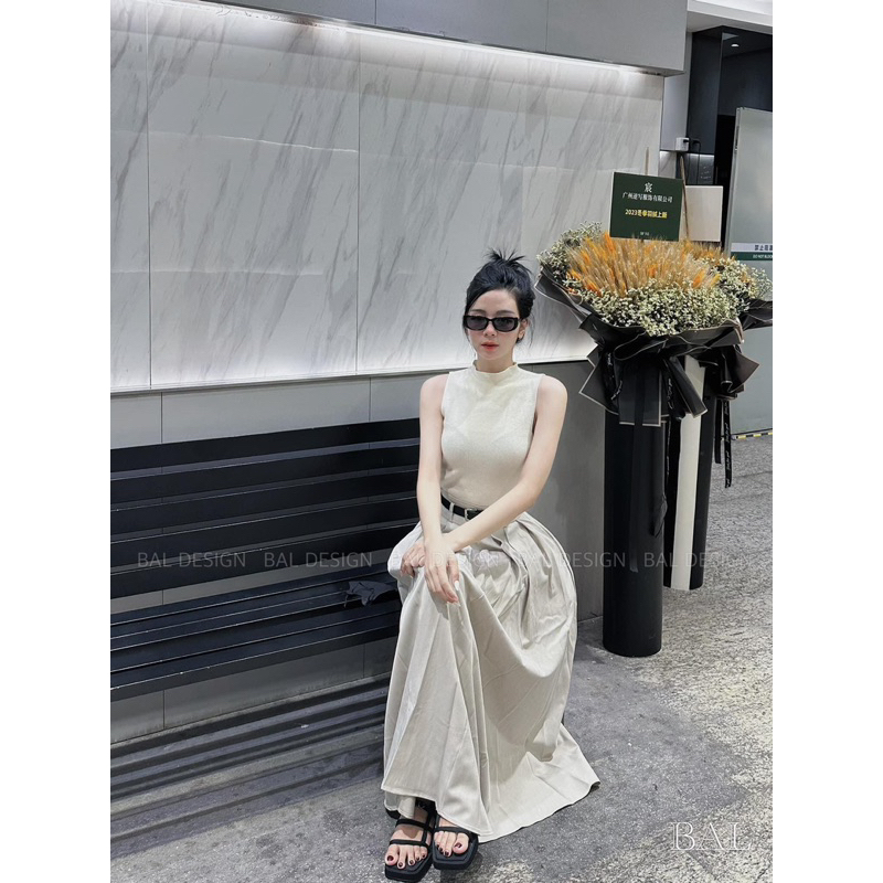 Set Áo Mix Chân Váy Dài Xoè Dập Ly Kèm Đai