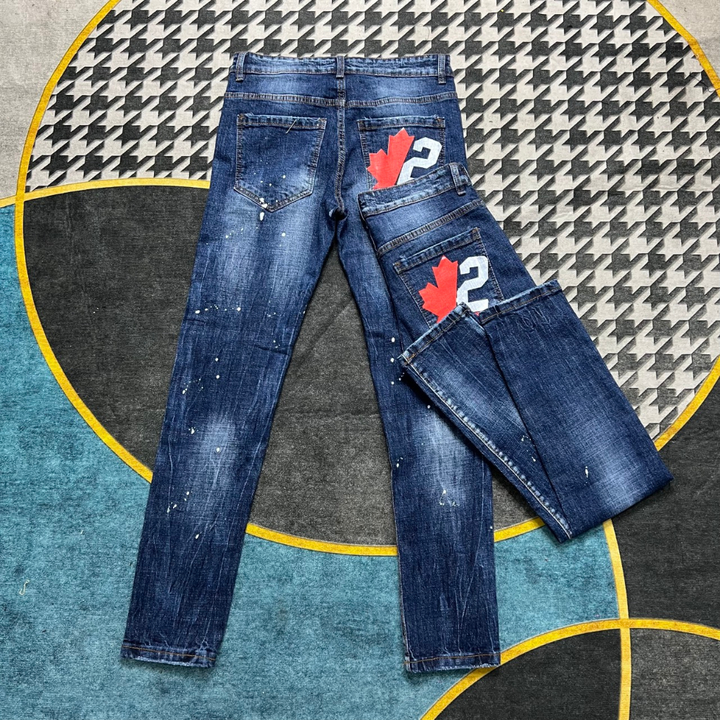 Quần Jean nam DSQ Xanh Xịt Thời Trang , Túi Hậu In Lá Phong/2 Đỏ - Trắng Siêu Hottrend 2023