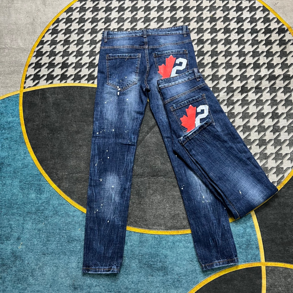 Quần Jean nam DSQ Xanh Xịt Thời Trang , Túi Hậu In Lá Phong/2 Đỏ - Trắng Siêu Hottrend 2023