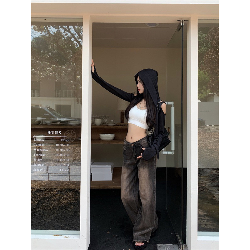 ÁO KHOÁC CROPTOP CÓ MŨ KHOÉT VAI TAY DÀI