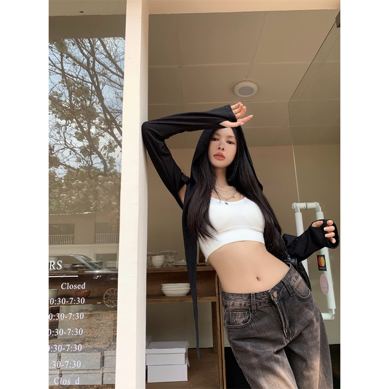 ÁO KHOÁC CROPTOP CÓ MŨ KHOÉT VAI TAY DÀI