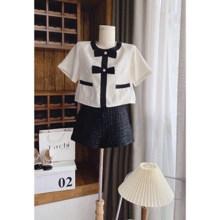 SET ÁO CROP DẠ TAG NƠ ĐEN + SHORT DẠ ĐEN