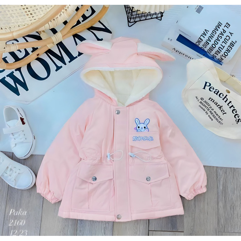 Áo Khoác PARKA Thêu Thỏ Bé Gái Lót Lông Ấm Áp Siêu Dễ Thương