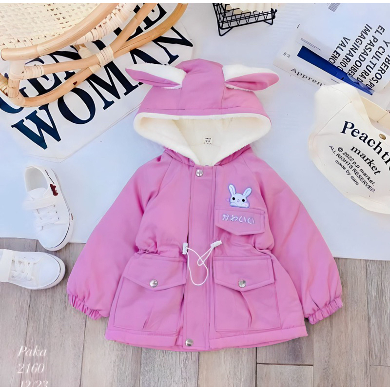 Áo Khoác PARKA Thêu Thỏ Bé Gái Lót Lông Ấm Áp Siêu Dễ Thương