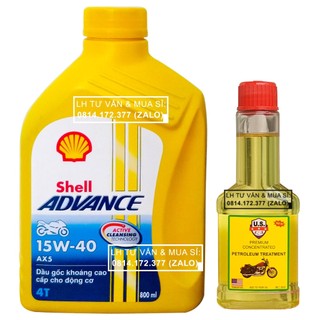 Combo dầu nhớt xe số cao cấp shell advance ax5 15w40 800ml + chai phụ gia tăng độ nhớt 65ml
