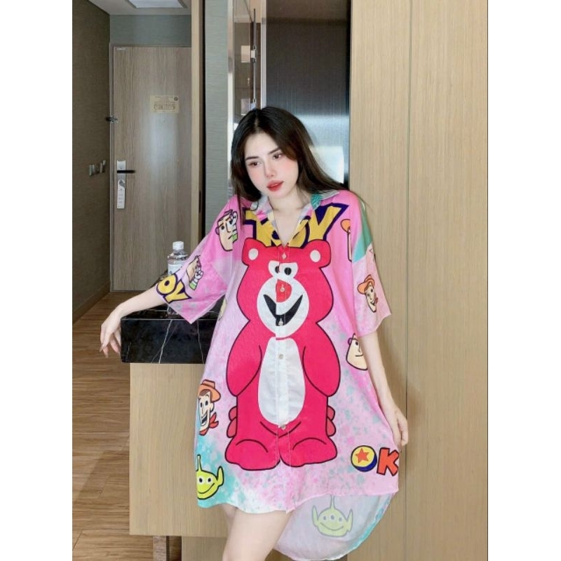 Đầm ngủ sơ mi form rộng in 5d chất lụa xước