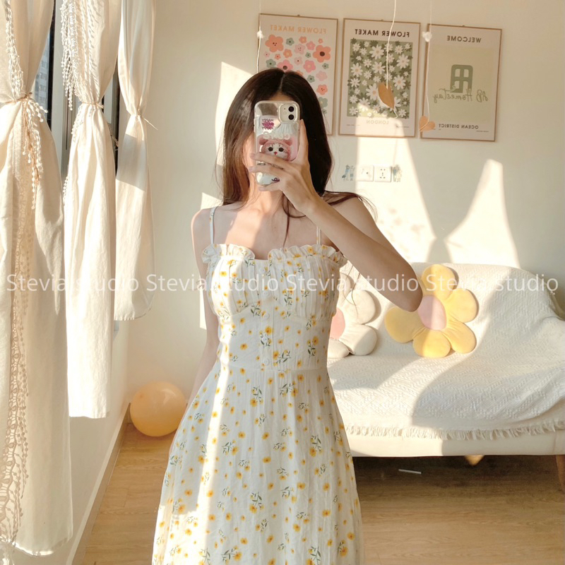 Stevia.studio - Set váy 2s kèm khoác nắng kem lửng - 3 size Xs, S, M