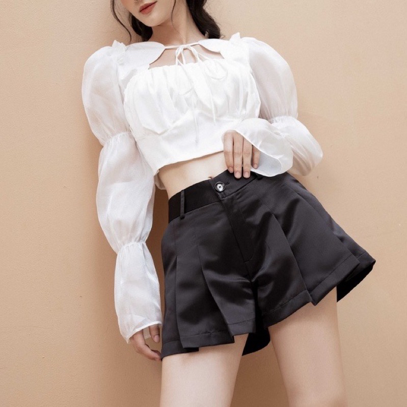 Áo croptop lụa tay voan nhún bồng
