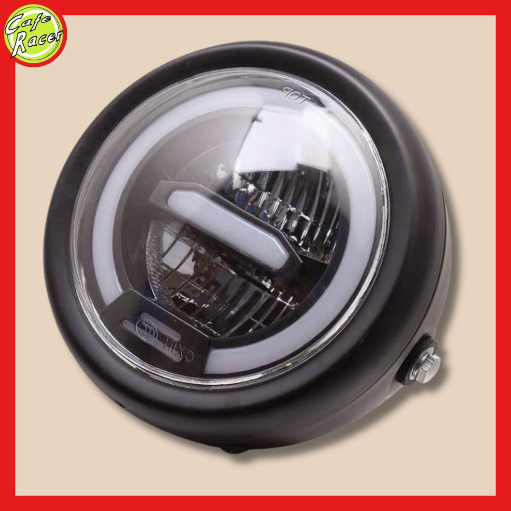 Đèn pha led 2 tầng 6,5icnh cao cấp độ xe máy CAFE RACER gáo sắt sơn đen mặt kính trong suốt