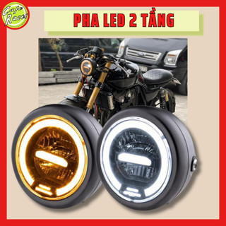 Đèn pha led 2 tầng 6,5icnh cao cấp độ xe máy CAFE RACER gáo sắt sơn đen mặt kính trong suốt