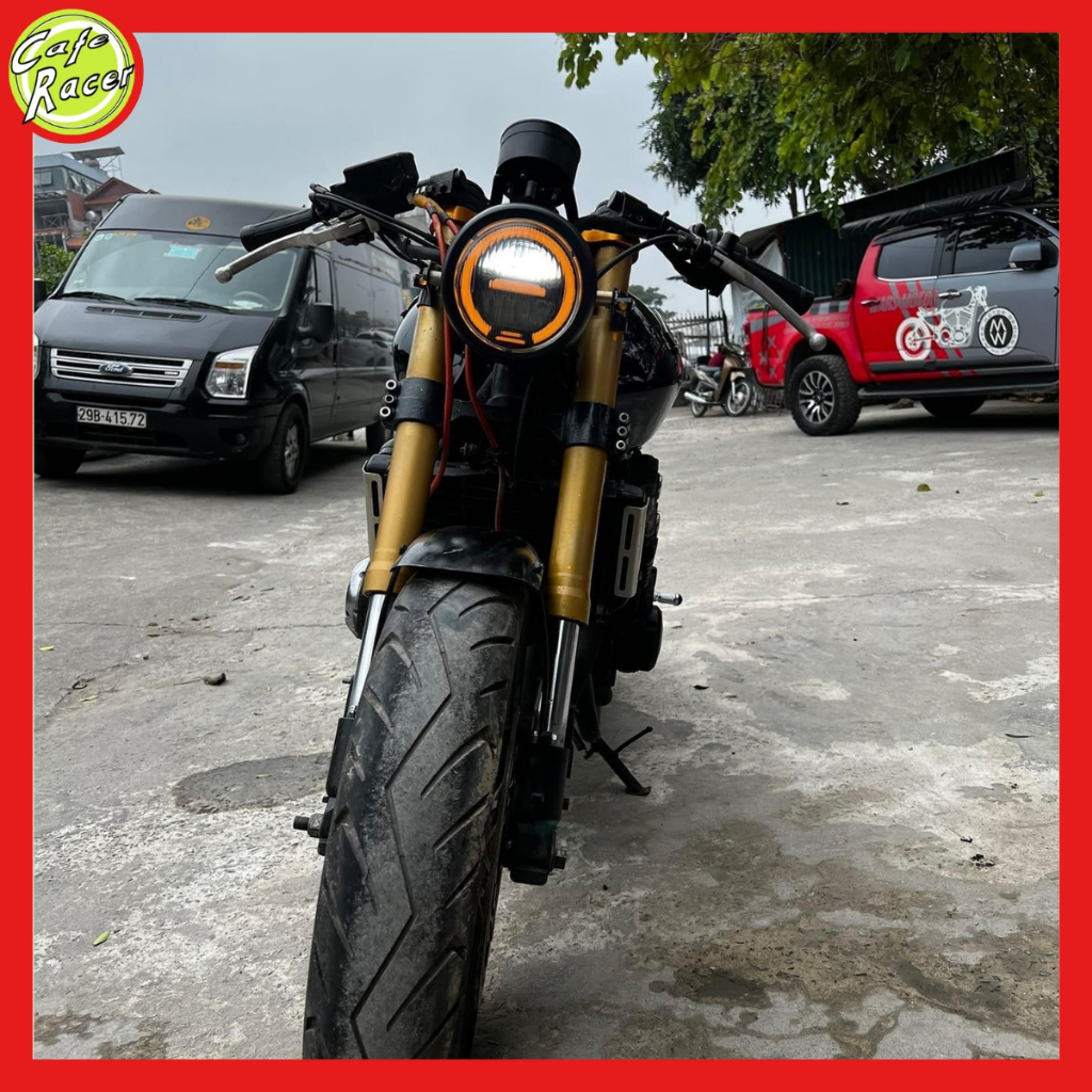 Đèn pha led 2 tầng 6,5icnh cao cấp độ xe máy CAFE RACER gáo sắt sơn đen mặt kính trong suốt