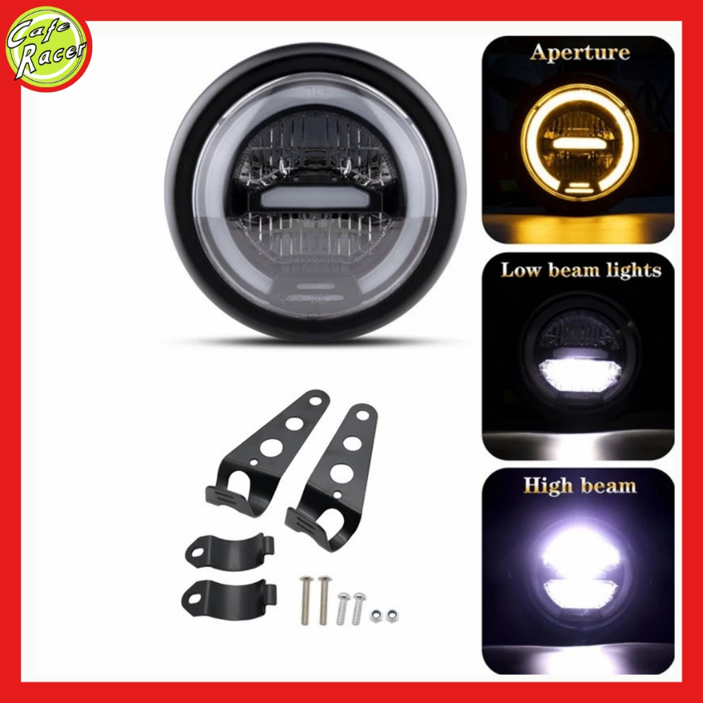 Đèn pha led 2 tầng 6,5icnh cao cấp độ xe máy CAFE RACER gáo sắt sơn đen mặt kính trong suốt