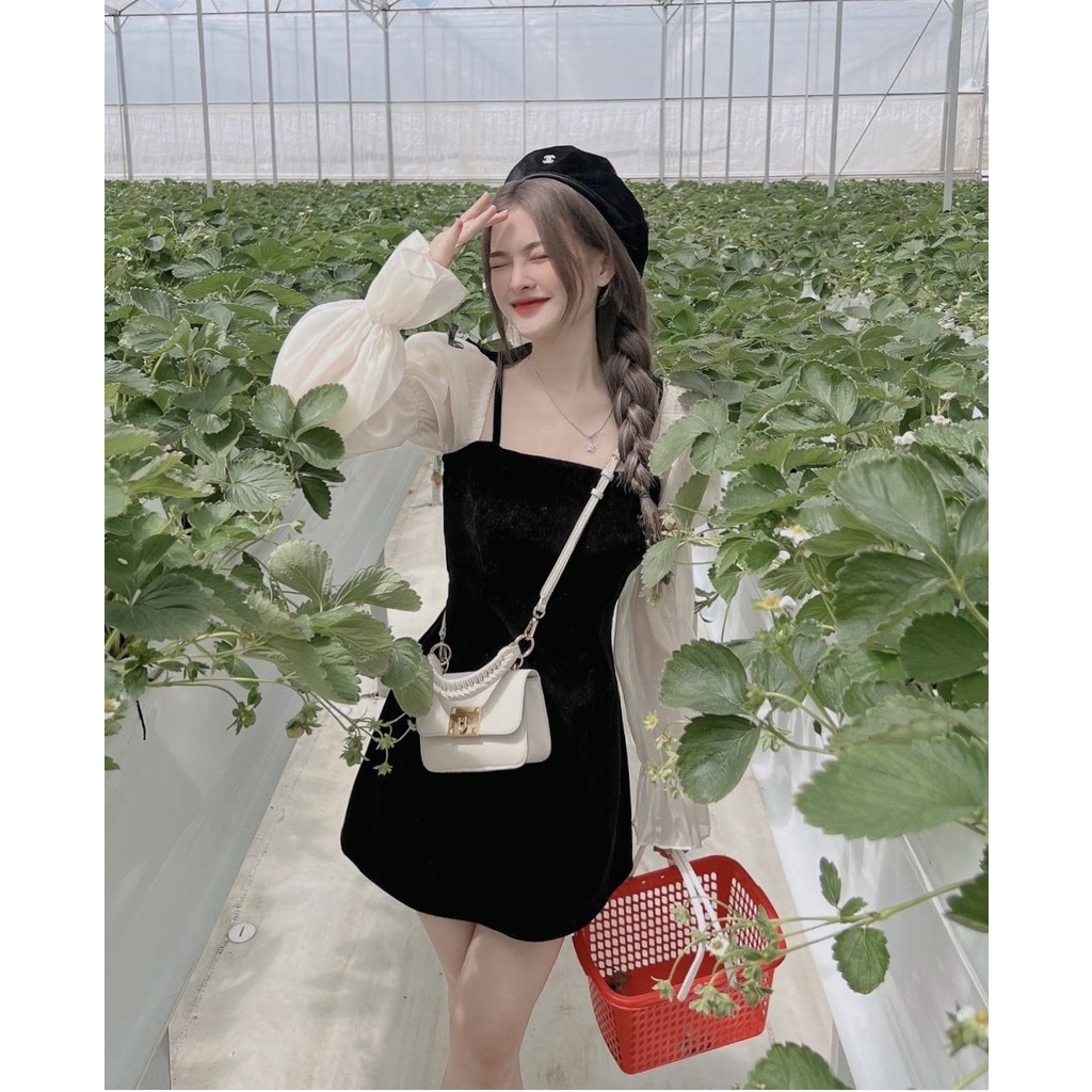 💖Ả𝐍𝐇 𝐓𝐇Ậ𝐓💖Đầm nhung tay nơ - Váy Nhung Đính Nơ Tay Dài Phối Tay Tơ Óng Tiểu Thư Siêu Xinh - Linh Beautiful