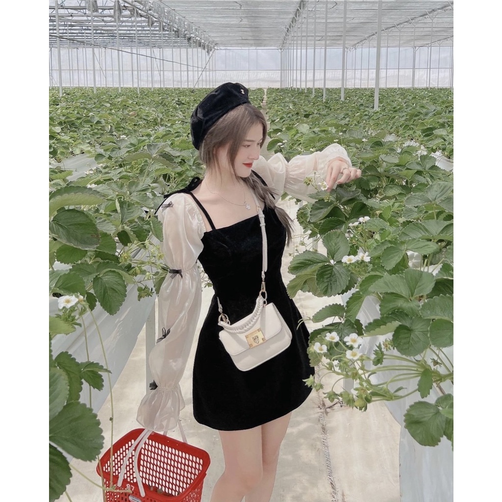 💖Ả𝐍𝐇 𝐓𝐇Ậ𝐓💖Đầm nhung tay nơ - Váy Nhung Đính Nơ Tay Dài Phối Tay Tơ Óng Tiểu Thư Siêu Xinh - Linh Beautiful