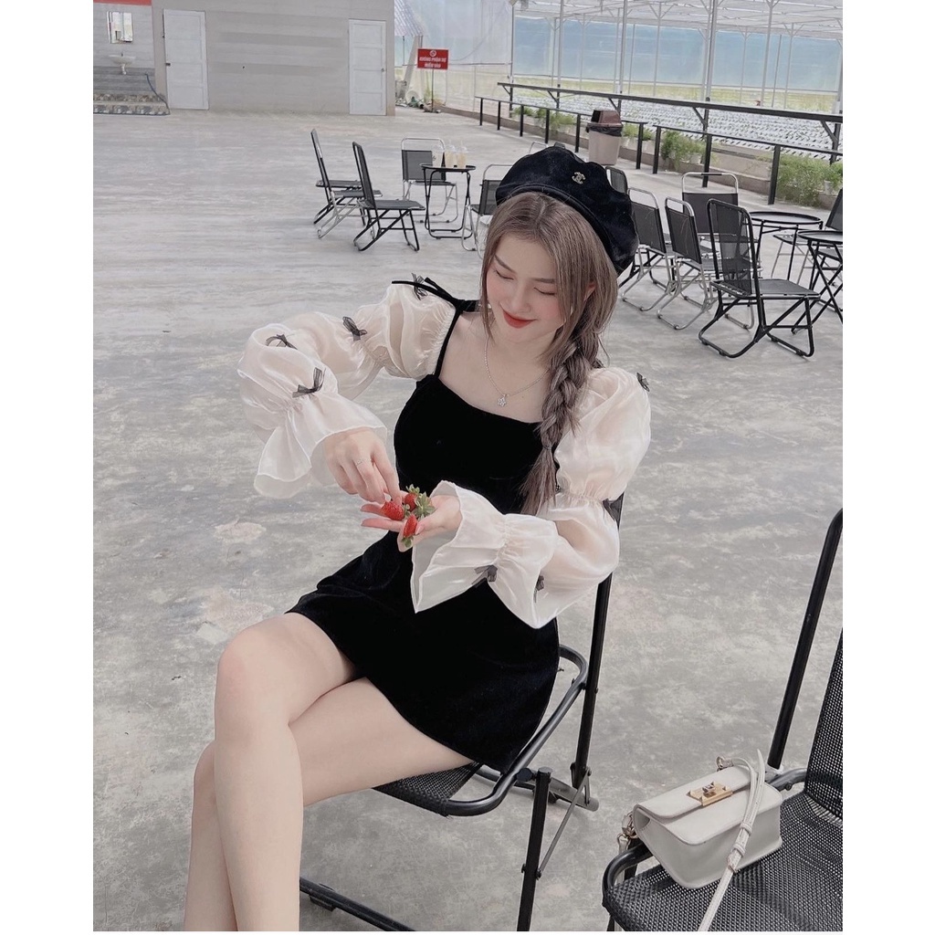 💖Ả𝐍𝐇 𝐓𝐇Ậ𝐓💖Đầm nhung tay nơ - Váy Nhung Đính Nơ Tay Dài Phối Tay Tơ Óng Tiểu Thư Siêu Xinh - Linh Beautiful