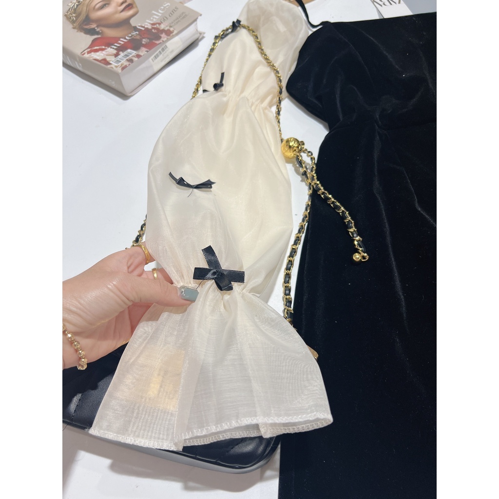 💖Ả𝐍𝐇 𝐓𝐇Ậ𝐓💖Đầm nhung tay nơ - Váy Nhung Đính Nơ Tay Dài Phối Tay Tơ Óng Tiểu Thư Siêu Xinh - Linh Beautiful