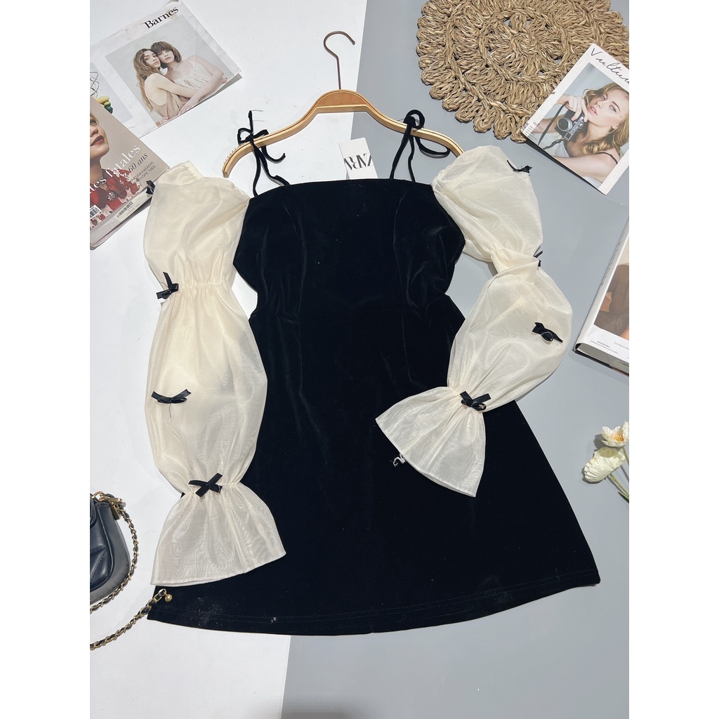 💖Ả𝐍𝐇 𝐓𝐇Ậ𝐓💖Đầm nhung tay nơ - Váy Nhung Đính Nơ Tay Dài Phối Tay Tơ Óng Tiểu Thư Siêu Xinh - Linh Beautiful