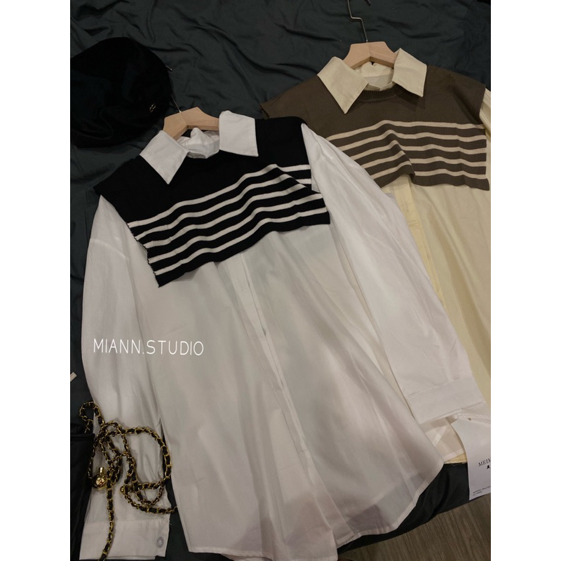 Áo sơmi phối gile len dáng oversize