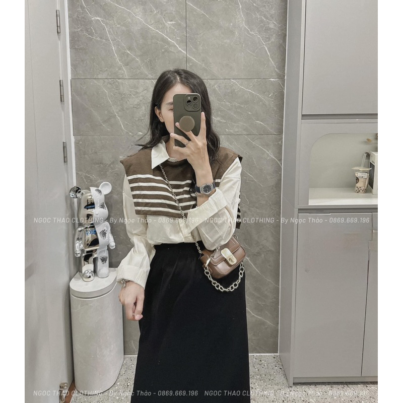 Áo sơmi phối gile len dáng oversize