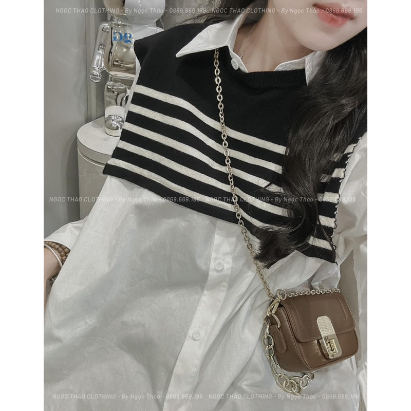 Áo sơmi phối gile len dáng oversize