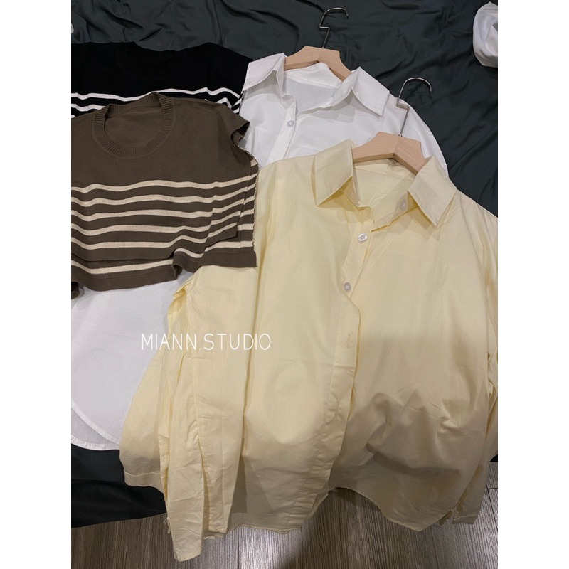 Áo sơmi phối gile len dáng oversize