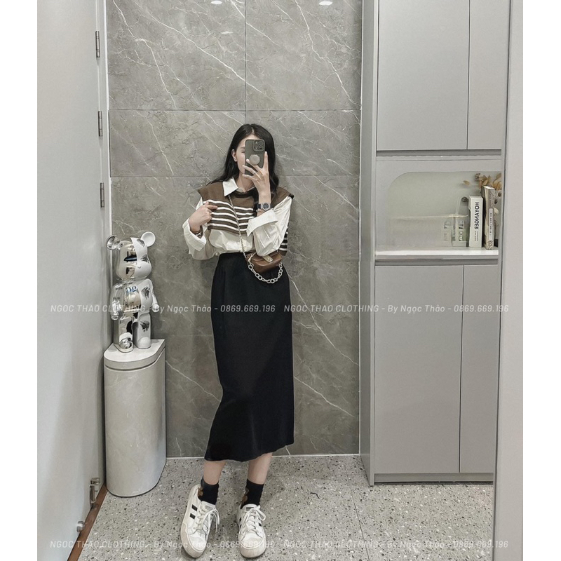 Áo sơmi phối gile len dáng oversize