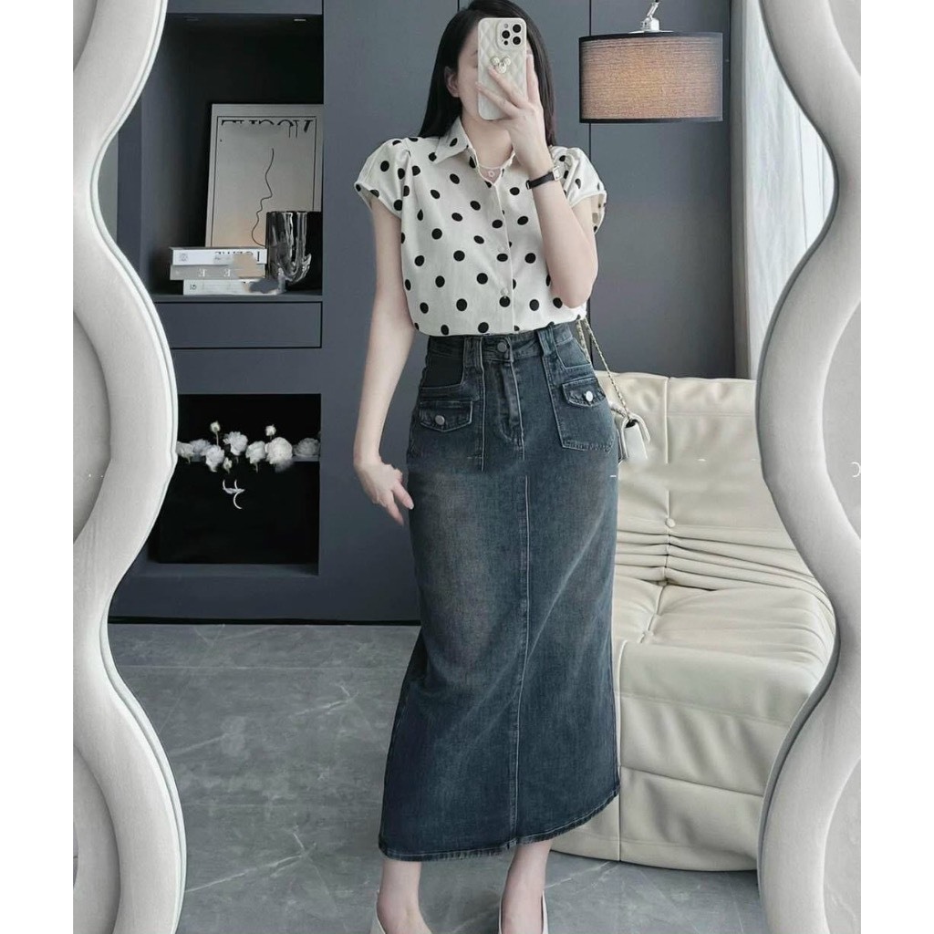 CHÂN VÁY JEANS LƯNG CAO DÁNG DÀI PHỐI NẮP TÚI #5040