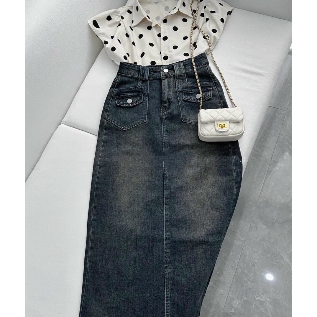 CHÂN VÁY JEANS LƯNG CAO DÁNG DÀI PHỐI NẮP TÚI #5040