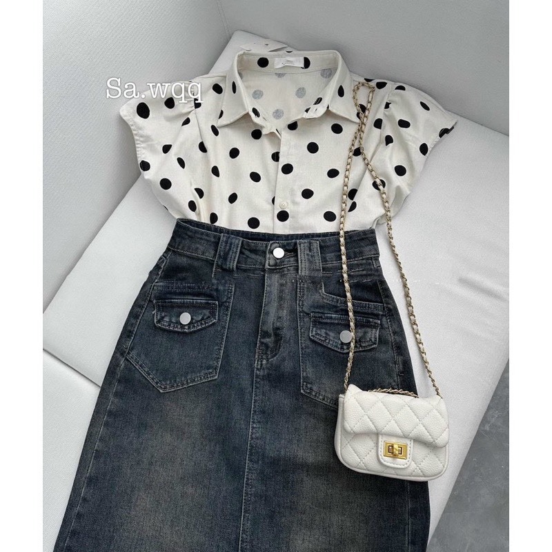 CHÂN VÁY JEANS LƯNG CAO DÁNG DÀI PHỐI NẮP TÚI #5040