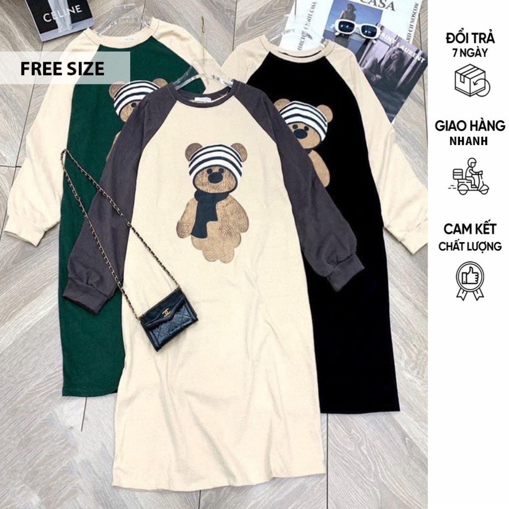 ĐẦM VÁY BẦU NỈ THU ĐÔNG DÀI TAY IN HÌNH GẤU DỄ THƯƠNG - ĐẦM BẦU FREESIZE MẶC TRƯỚC VÀ SAU XINH