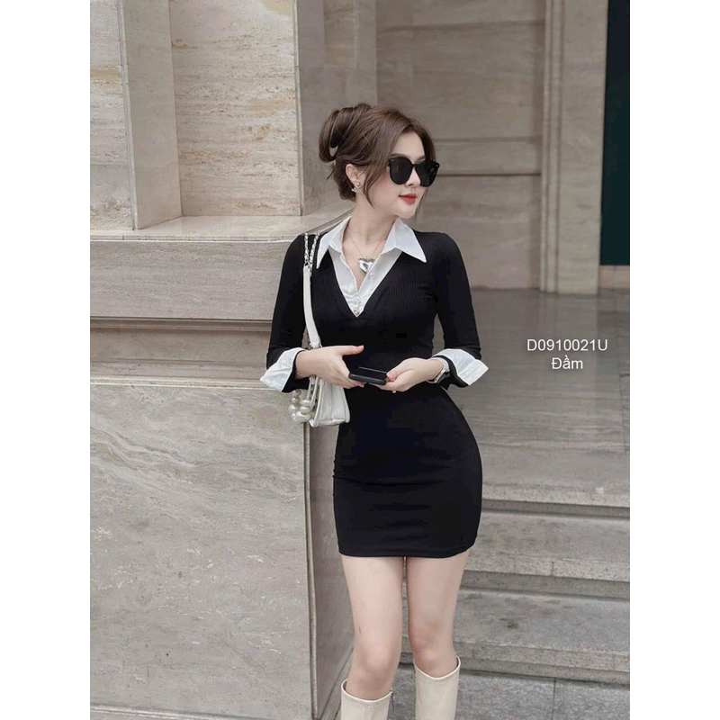 Đầm body đen tay dài giả sơ mi trắng sang trọng VIENS STORE