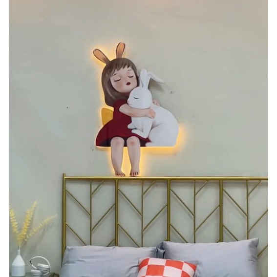 Tranh Tráng Gương bé gái ôm thỏ trắng có led và không led siêu xinh cho phòng ngủ của bé