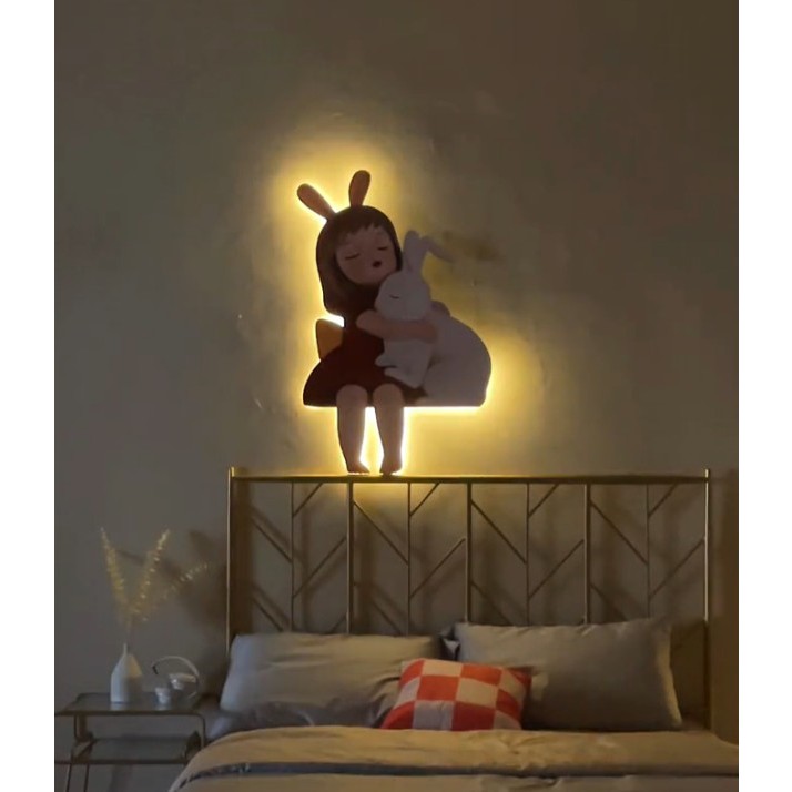 Tranh Tráng Gương bé gái ôm thỏ trắng có led và không led siêu xinh cho phòng ngủ của bé