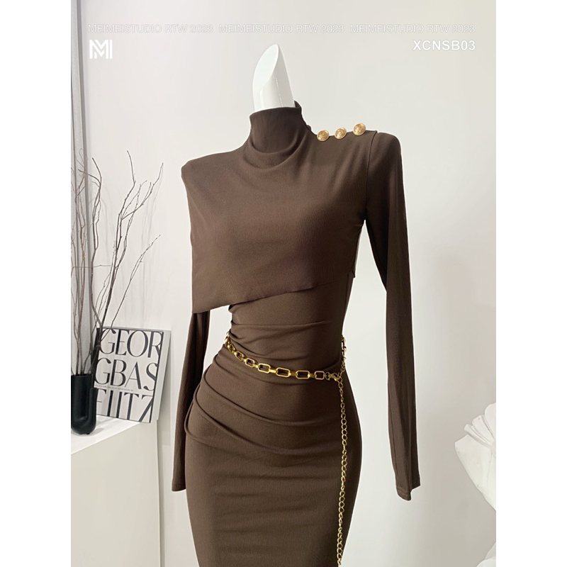 Set áo váy body len tăm Hàn cúc vai MEIMEI